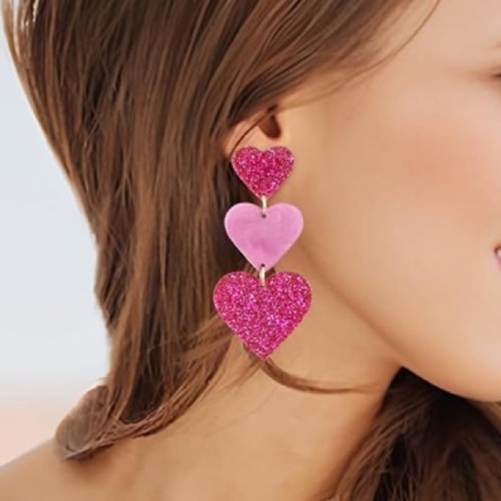 💖NEW Pink Heart Drop Earrings Glitter Enamel Resin Cute Girly Y2K